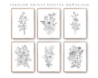 Set of 6 Wall Art Botanical Illustration, DIGITAL DOWNLOAD, Black White Room Decor, Modern Printable Wall Art, Wildflowers, Floral Bouquet