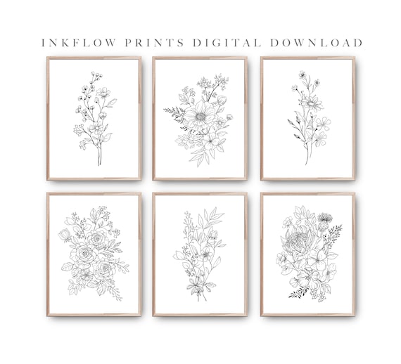 Set of 6 Wall Art Botanical Illustration, DIGITAL DOWNLOAD, Black White Room Decor, Modern Printable Wall Art, Wildflowers, Floral Bouquet