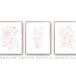 3 Piece Wall Art Botanical Illustration, DIGITAL DOWNLOAD, Blush Pink Room Decor, Modern Printable Wall Art, Wildflowers, Floral Bouquet