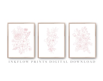 May include: Set of three printable art prints featuring pink line drawings of floral bouquets. The prints are framed in a light wood frame and have a white background.