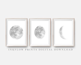 3 Stück Graue Mondphasen Wandkunst, DIGITALER DOWNLOAD, Schwarz Weiß Grau Zimmer Dekor, moderne minimalistische schlafzimmer poster