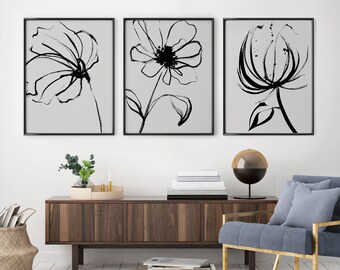 3 Piece Wall Art Wildflower downloadable print, DIGITAL DOWNLOAD, Modern Flower Wall Art Print, Minimal Botanical Floral Drawing, Printable