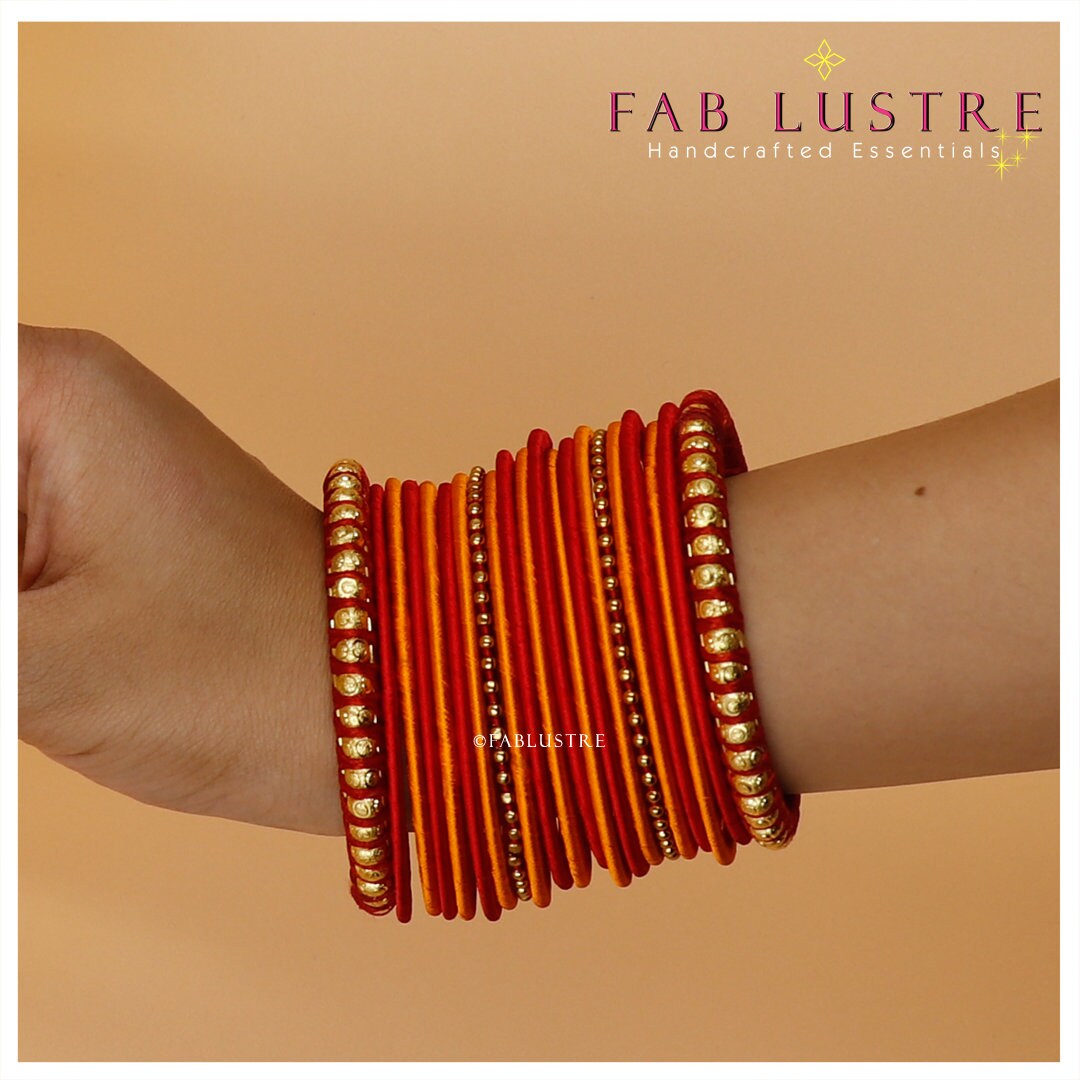 Thread Bangle Red Fire Orange Red Silk Thread Bangles With Bead, Bracelets Set of 23 ...