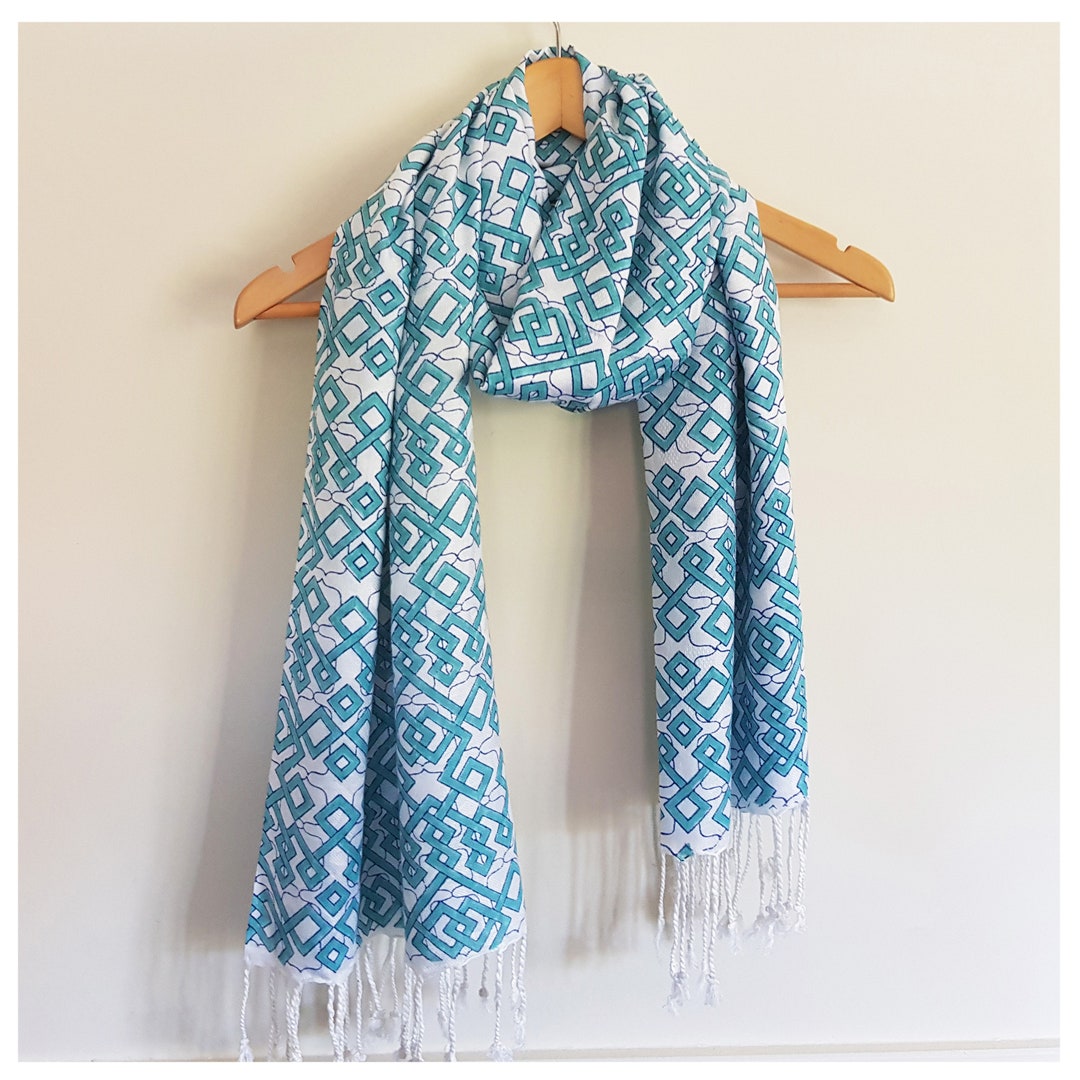 Cotton Scarf, Bluegreen Scarf, Printed Striped Scarf, Handmade Scarf, Soft Scarf, Valentine