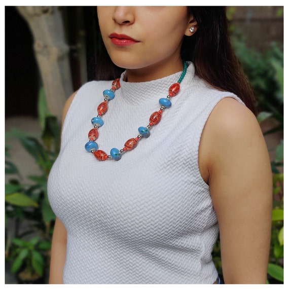 Blue Necklace Resin Bead Necklace Hand Painted Beads Boho Chic
