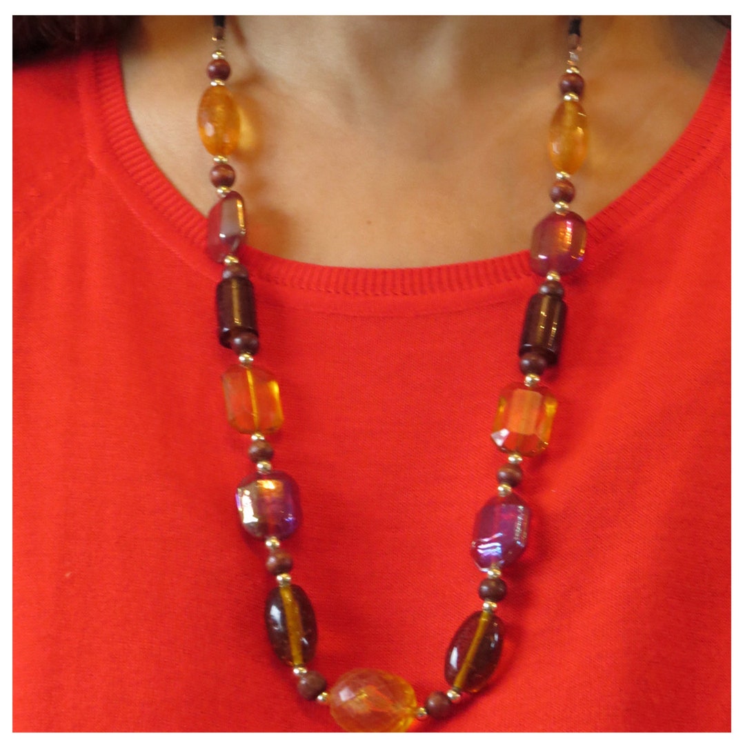 Fashion Jewelry, Long Necklace, Resin Bead Necklace, Boho Jewelry, Multicolored Glass Beads