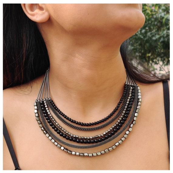 Buy Black-silver Bead Jewelry, Layered Necklace, Bead Chain