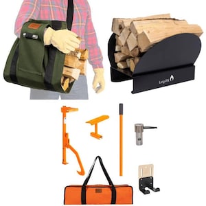 May include: A set of firewood tools including a green canvas firewood carrying bag, a black metal firewood rack with the text "LogaX", a orange metal log splitter, a orange metal log lifter, a orange metal log holder, a orange carrying bag, and a black metal wall mount for a log rack.