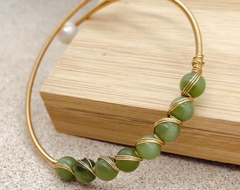 Bracelet artisanal réglable plaqué or 14K avec perles de jaspe, bracelet perlé