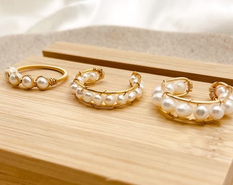 Gold Pearl Beaded Rings - Stackable Rings - White Pearl Ring - Dainty Ring - Adjustable Sizing