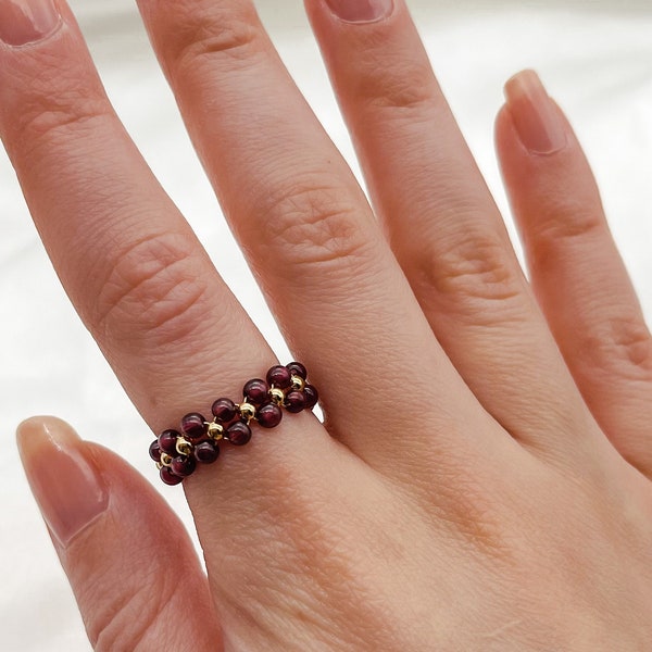 14K Gold Plated Burgundy Garnet Crystal Handmade Beaded Adjustable Ring, Gift for Her