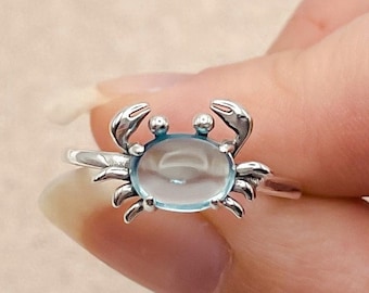 Blue Crab S925 Sterling Silver Adjustable Ring, Crab Ring, Sea Creature Wrap Ring, Nature Inspired