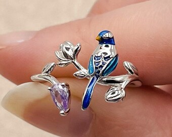 Bird S925 Sterling Silver Ring with Gemstones, Adjustable Sizing, Statement Ring, Silver Animal Ring, Small Bird Ring