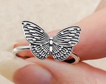 Large Butterfly S925 Sterling Silver Ring, Adjustable Sizing, Nature Inspired Ring, Statement Ring