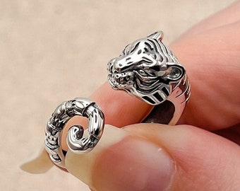 Tiger S925 Sterling Silver Ring, Adjustable Sizing, Asian Tiger Ring, Wild Cat Animal Ring