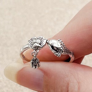 Koi Fish and Lotus S925 Sterling Silver Adjustable Ring, Japanese Fish Ring, Carp Koi Fish Ring