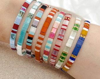 Colourful Rainbow Glass Bead Bracelets, Miyuki Tile Tila Beaded Bracelet