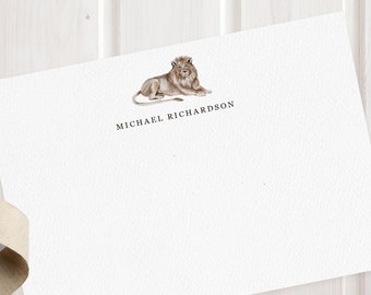 Luxury Personalised Note Card Set - Watercolour Lion - Correspondence Cards - Safari Animal, Zoo animal, Stationery for men