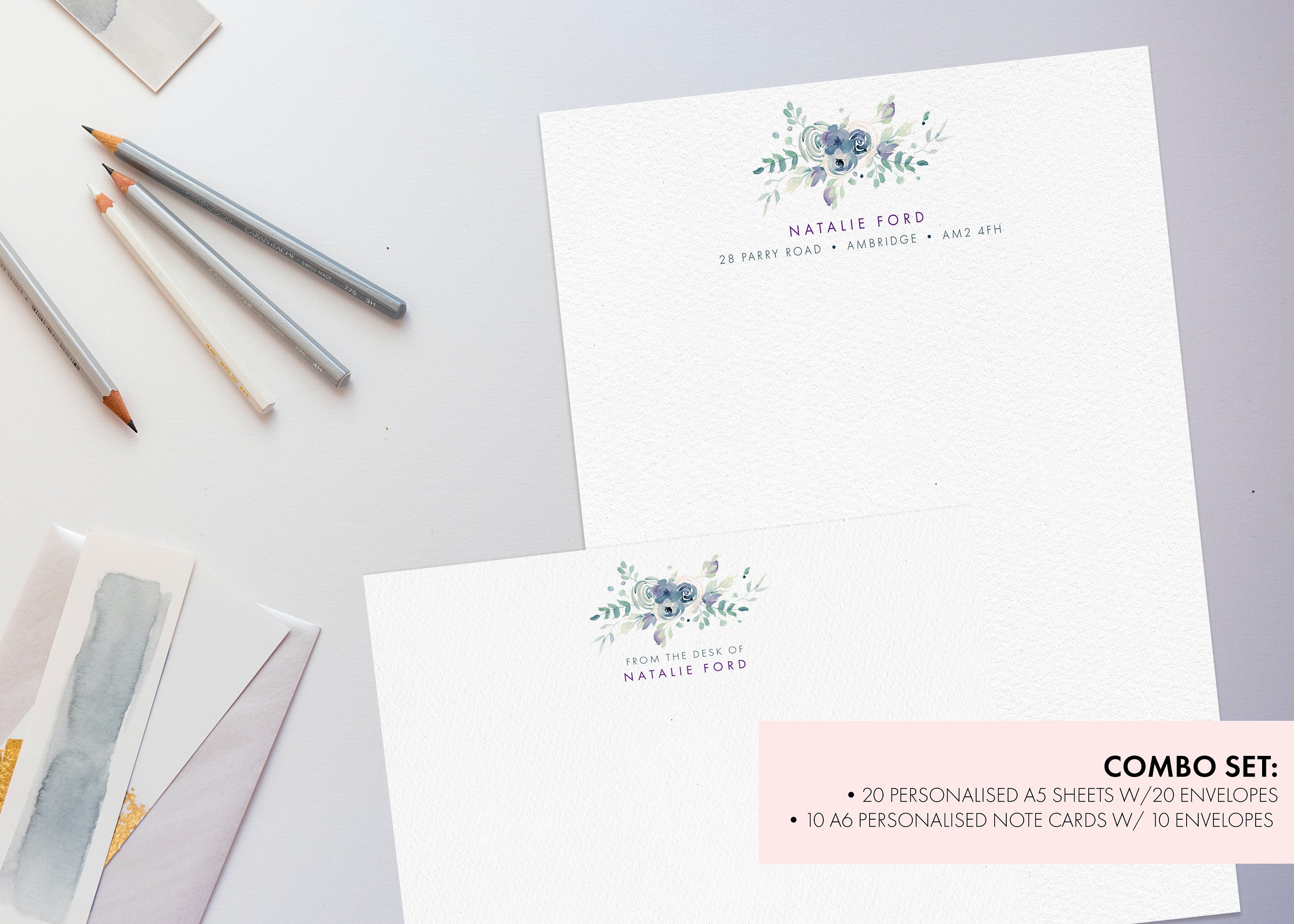 Blue and Purple Watercolor Bouquet Luxury Personalised Note Card Set ...