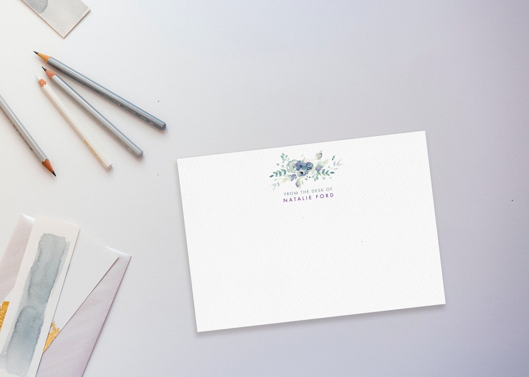 Blue and Purple Watercolor Bouquet Luxury Personalised Note Card Set ...