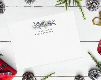 Personalised Blue Flowers Christmas Note Card Set - Thank You Cards, Correspondence Cards, Luxury Stationery