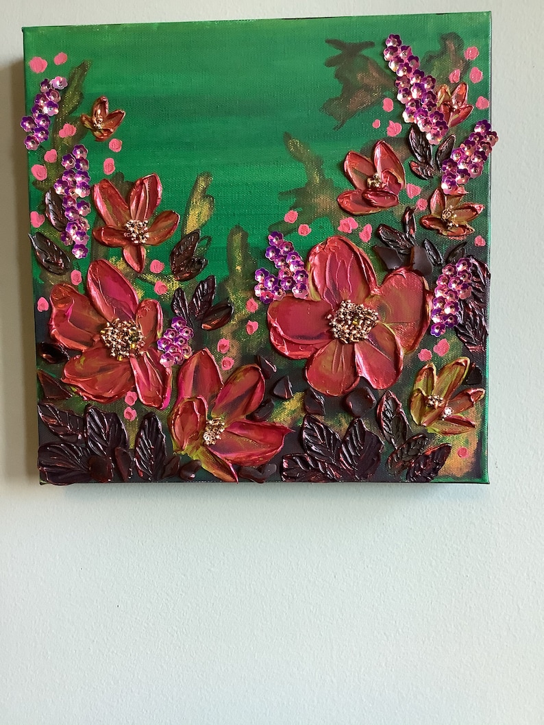 Signed on Back Pallet Knife Inks Acrylic Paint Sequins and Beads Sea Glass Hand Painted Field of Flowers-Original Mixed Media Painting