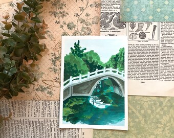 Original Gouache Painting of a Stone Bridge on Paper, Garden Landscape Wall Art, Home Decor Gift