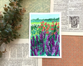 Original Gouache Painting of Purple Lupins in a Garden on Paper, Garden Landscape Wall Art, Home Decor Gift