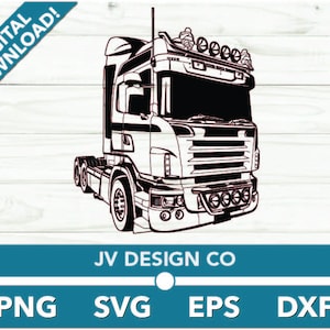 Puede incluir: Ilustración en blanco y negro de un camión de plataforma. El camión tiene una gran cabina con una parrilla delantera detallada y faros. El camión está sobre un fondo de madera blanca.