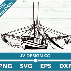 Puede incluir: Un dibujo lineal en blanco y negro de un barco de pesca con una red grande. La imagen incluye el texto "¡DESCARGA DIGITAL!" en un cuadro turquesa. Debajo del barco hay una barra turquesa con el texto "JV DESIGN CO" y los tipos de archivo "PNG SVG EPS DXF".