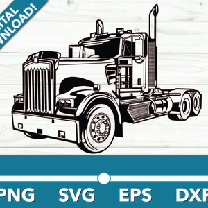 Puede incluir: Silueta en blanco y negro de un camión de plataforma con una gran parrilla y un largo remolque. El camión está de frente y tiene una gran parrilla delantera detallada.