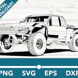May include: Black and white line art illustration of a Ford off-road truck with large tyres. The truck has a roll cage and is designed for racing.