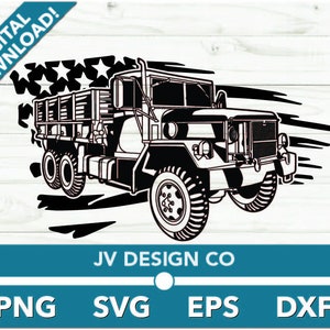 May include: Black and white silhouette of a military truck with a flatbed trailer, driving through a stylized American flag. The truck has a large cab and a flatbed trailer with a wooden bed. The flag is behind the truck and is stylized with a white background and red and blue stars.