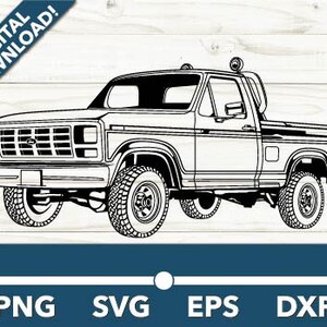 May include: A black and white line drawing of a vintage pickup truck. The truck has a large grille, a long bed, and a single cab. The truck is facing forward and is set against a white woodgrain background.