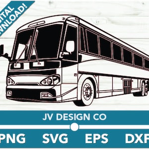May include: Black and white silhouette of a large bus with a single door on the right side. The bus has a large windshield and a small window on the left side. The bus is on a white background.
