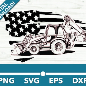 May include: Black and white illustration of a backhoe excavator with a US flag in the background. The backhoe is facing right and has a raised arm. The flag is behind the backhoe and is partially obscured by the backhoe's arm.