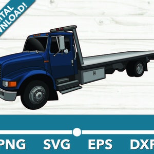 Könnte beinhalten: Ein blauer Abschleppwagen mit einer Ladefläche, einer weißen Kabine und schwarzen Rädern. Der LKW steht auf einem Holzgrund.