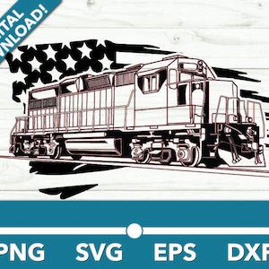 Trem de motor moderno diesel locomotiva ferroviária SVG, clipart de carro, arquivos rápidos para Cricut e silhueta, Dxf, Png, vetor com bandeira americana