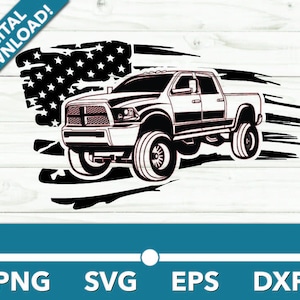 May include: Black and white silhouette of a pick-up truck driving through an American flag. The truck has a large grille and a long bed. The flag is waving in the wind.