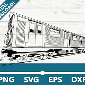 May include: Black and white line art illustration of a subway train. The train is viewed from a low angle, with the front of the train facing the right side of the image. The train has multiple windows and doors.