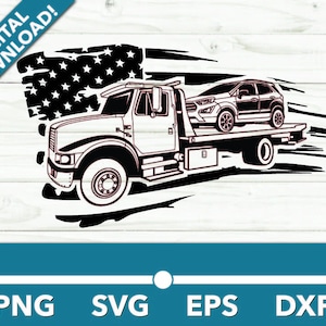 Könnte beinhalten: Schwarzweiß-Illustration eines Abschleppwagens mit einer amerikanischen Flagge im Hintergrund. Der Abschleppwagen transportiert ein kleines Auto auf seiner Ladefläche.