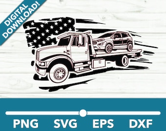 Rollback Tow Truck International with car with flag SVG, Pickup Truck Clipart, Pickup Truck Files for Cricut and Silhouette, Dxf, Png Vector