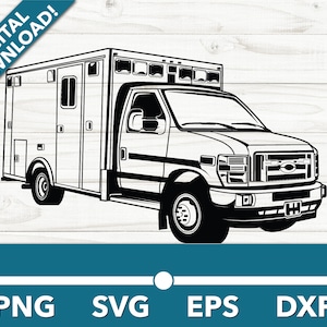 May include: Black and white illustration of an ambulance. The vehicle is a boxy design with multiple doors and windows. The words "DIGITAL DOWNLOAD!" are in the upper left corner. Below the image are the words "PNG SVG EPS DXF".