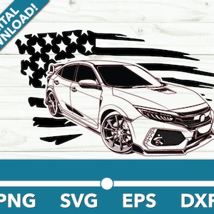 Pode incluir: Uma ilustração em preto e branco de um carro com uma bandeira americana no fundo. O carro é um Honda Civic Type R.