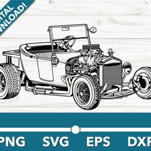 May include: Black and white line art illustration of a vintage hot rod car. The car has a large engine and a chopped top. The car is drawn in a realistic style.