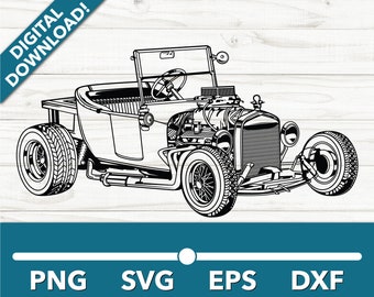 May include: Black and white line art illustration of a vintage hot rod car. The car has a large engine and a chopped top. The car is drawn in a realistic style.