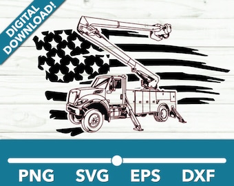 Lineman Bucket Truck Service Vehicle Heavy Machinery SVG, Car Clipart Fast Files for Cricut and Silhouette Dxf Png Vector With American Flag