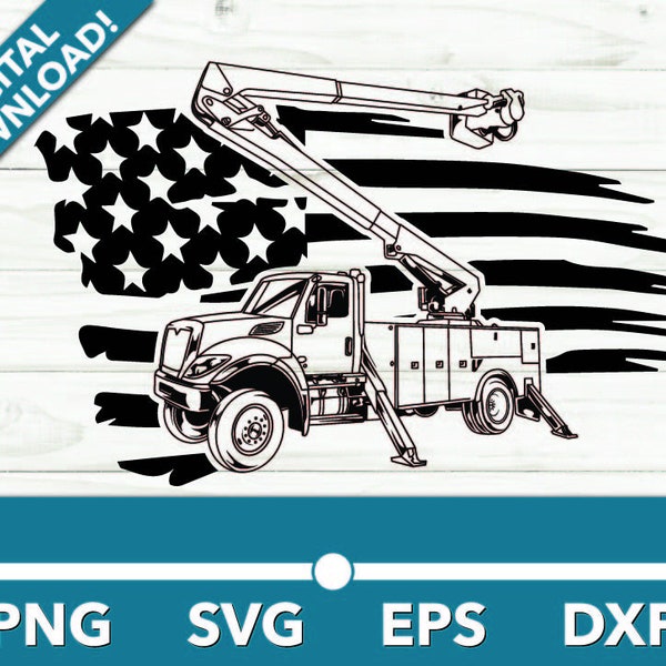 Lineman Bucket Truck Service Vehicle Heavy Machinery SVG, Car Clipart Fast Files for Cricut and Silhouette Dxf Png Vector With American Flag