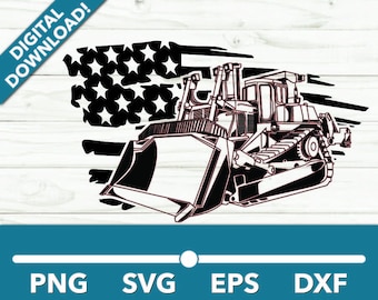 May include: Black and white silhouette of a bulldozer with a large blade, set against a background of an American flag.