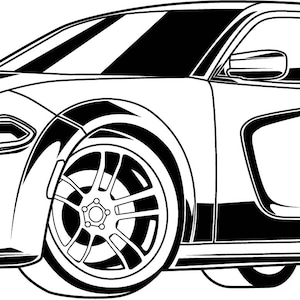 以下が含まれることがあります： 現代の筋肉質な車の白黒の線画。車は長いボンネットと低いプロファイルを持つスタイリッシュなデザインです。車は側面に沿って黒いストライプがあります。